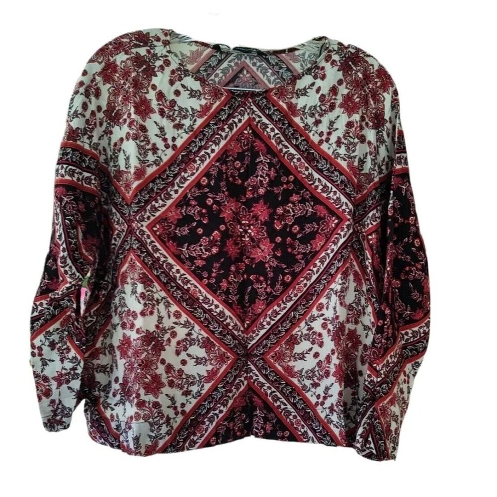 Zara Boho Floral Patchwork Blouse Women's XS Long Sleeve Poly Blend